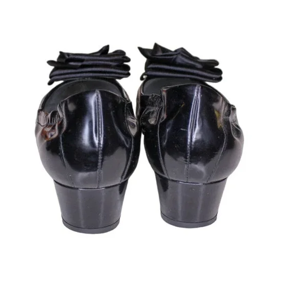 Stuart Weitzman Black Patent Leather Round Block Heel Shoes Satin Flower 6.5M - Picture 5 of 6